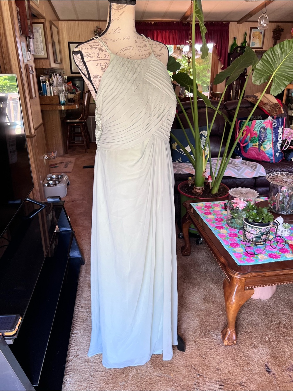 Azazie Ginger Dusty Sage A-Line Halter Pleated Chiffon Dress. - Picture 13 of 16